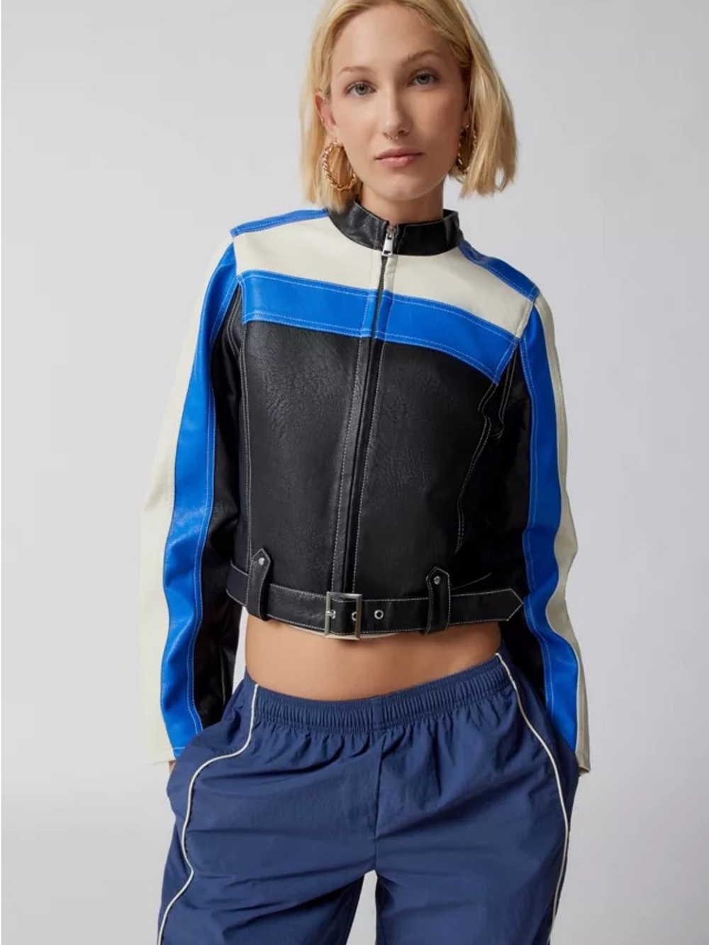Urban Outfitters Black, Blue & Cream Cropped Moto Jacket